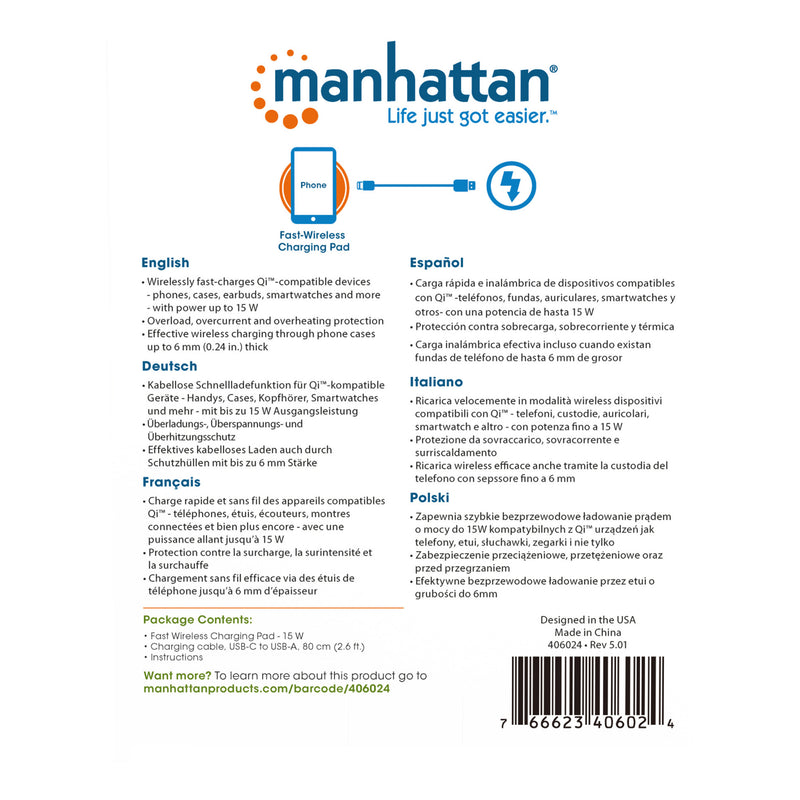 Manhattan 406024 15W Fast Wireless Charging Pad