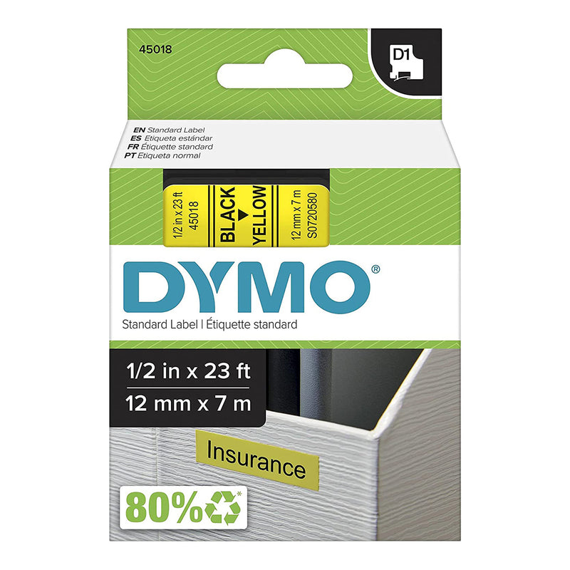 DYMO 45018 1/2" Black on Yellow D1 Labeling Tape