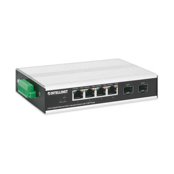 Intellinet 508254 4-Port Gigabit Ethernet PoE+ Industrial Switch with 2 SFP Ports