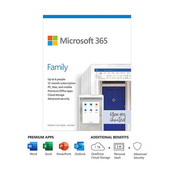 Microsoft Microsoft 6GQ-01193 Microsoft 365 Family Premium Office Apps Suite 12-Month Subscription with 6-License and Product Key Code Default Title
