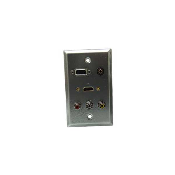 Metallic Gray - Stainless Steel Wall Plate with VGA (HD15), (3) RCA, HDMI? and 3.5mm Stereo Jacks