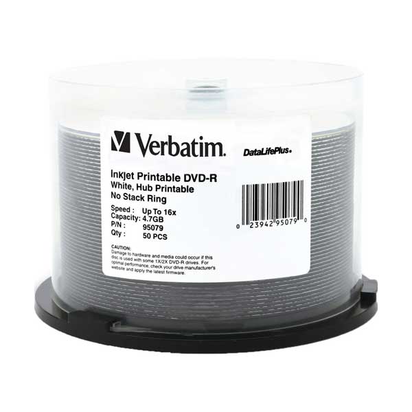 Verbatim 95079 DVD-R 4.7GB 16X DataLifePlus White Inkjet / Hub Printable 50-Pack Spindle