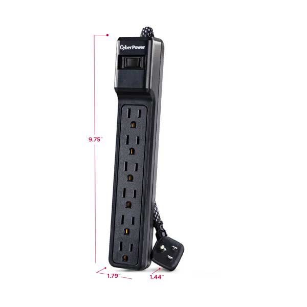 CyberPower B608B 6-Outlet 500J 15A Black Surge Protector with 8ft Right Angle Braided Cord