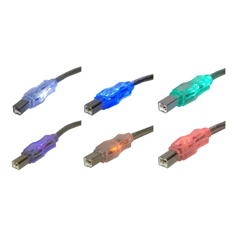 QVS CC2209C-06L 6ft USB 2.0 480Mbps Type A Male to B Male Translucent Illuminated/Lighted Cable with Multi-color LEDs