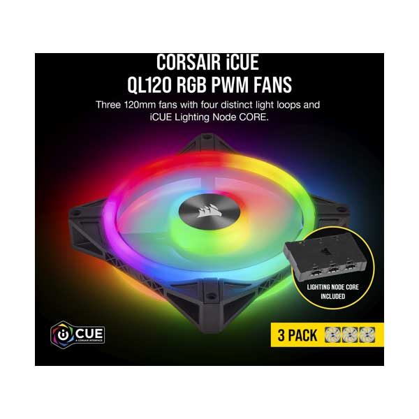 CORSAIR CO-9050098-WW 3-Pack iCUE QL120 RGB 120mm PWM Fan with Lighting Node CORE