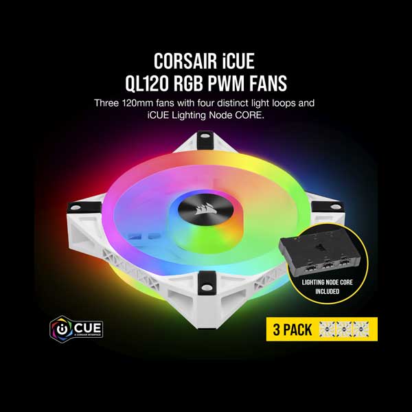 CORSAIR CO-9050104-WW 3-Pack White iCUE QL120 RGB 120mm PWM Fan with Lighting Node CORE