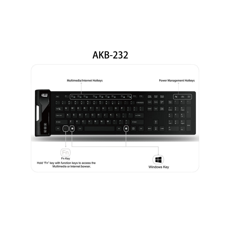 Adesso SlimTouch 232 Antimicrobial Waterproof Flex Keyboard - 120 Keys (Black)