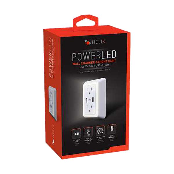Helix ETHCHGWNO Dual Outlet 2-Port USB-A PowerLED Wall Charger with Built-In Touch Activated Night Light