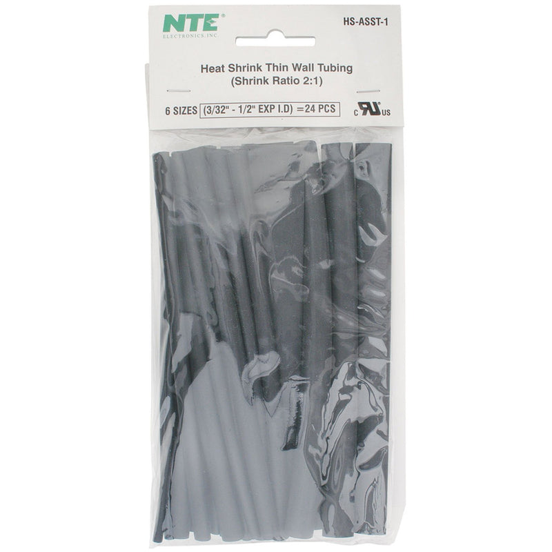 NTE Electronics HS-ASST-1 24-Pack 6" Assorted Black Thin Wall Heat Shrink Tubing