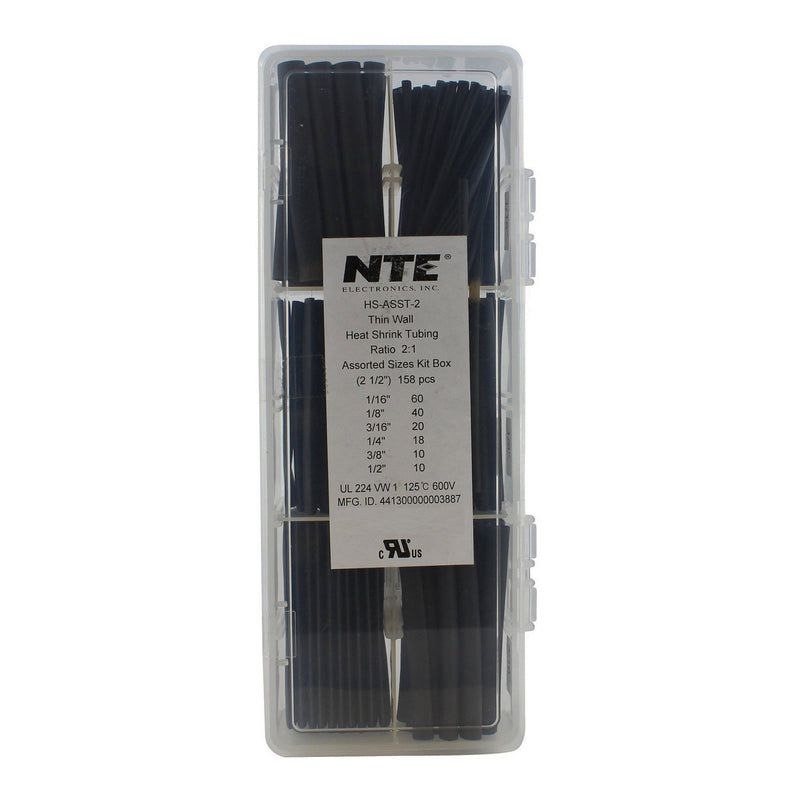 NTE HS-ASST-2 158-Piece 2.5" Black Thin Wall Assorted Diameter Heat Shrink Tubing Assortment