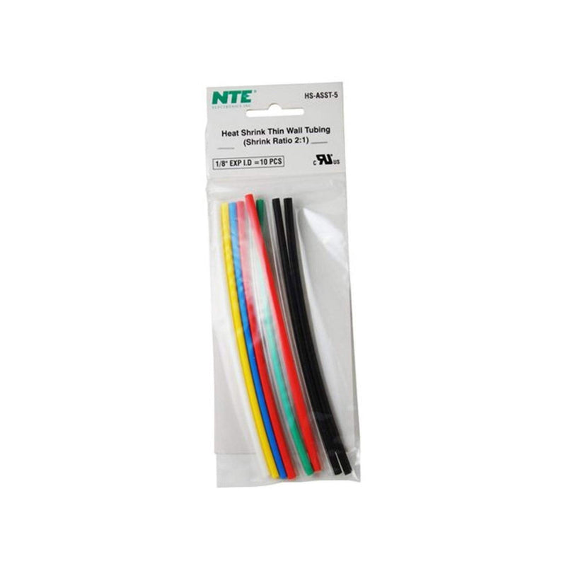 NTE HS-ASST-5 1/8" 10-Piece 6" Assorted Colors Thin Wall Heat Shrink Tubing