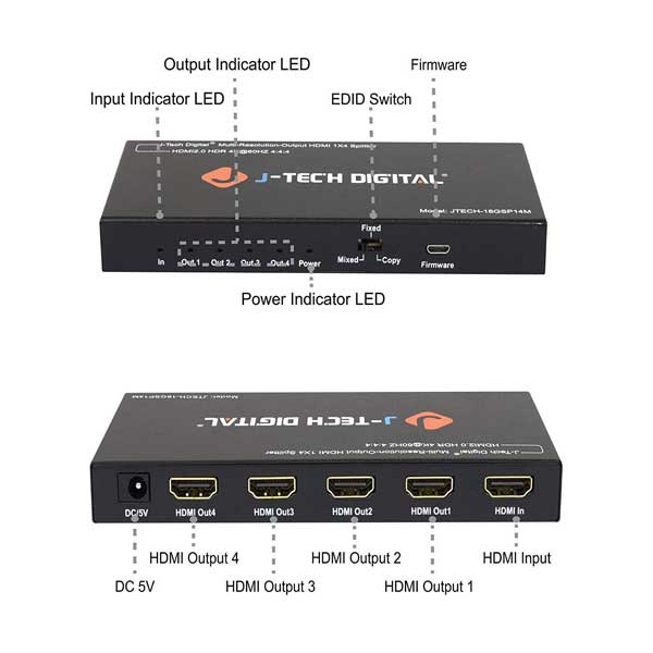 J-Tech JTECH-18GSP14M Scaler/Multi-Resolution Output 18G 1×4 HDMI 2.0 Splitter HDR10