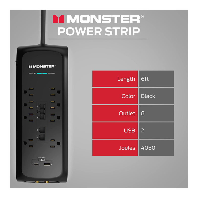 Monster ME-5005 6ft 8-Outlet Power Strip Surge Protector with USB-C and USB-A Charging Ports