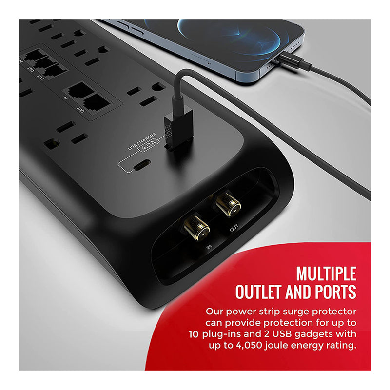 Monster ME-5006 6ft 10-Outlet Power Strip Surge Protector with USB-C and USB-A Charging Ports
