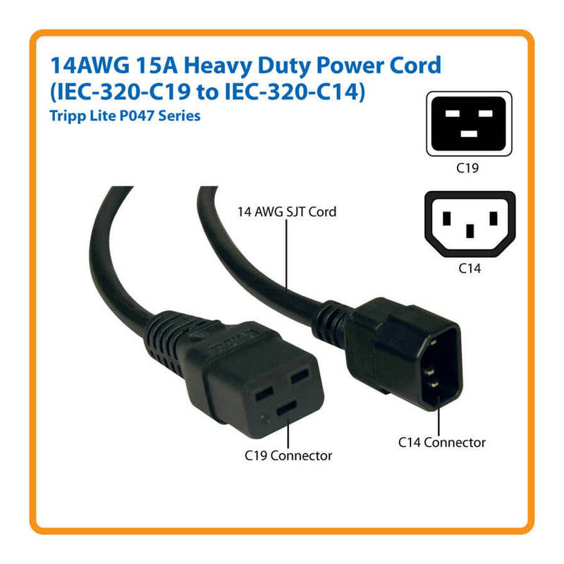 Tripp Lite P047-006 6ft 14AWG 15A 250V Black C19 to C14 Heavy Duty Power Cord