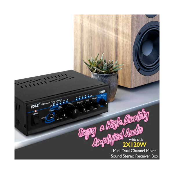 Pyle PTA4 2x120W Compact Bluetooth Wireless 2-Channel Mini Stereo Power Amplifier