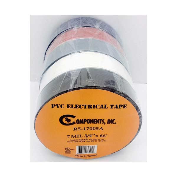 SR Components R5-17005A 5-Pack 7Mil 3/4in x 66ft Assorted Colors PVC Electrical Tape