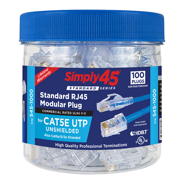 Simply45 Simply45 S45-1000 Cat5e UTP Unshielded Standard WE/SS 8P8C RJ45 Modular Plugs - 100-Piece Plastic Jar Default Title
