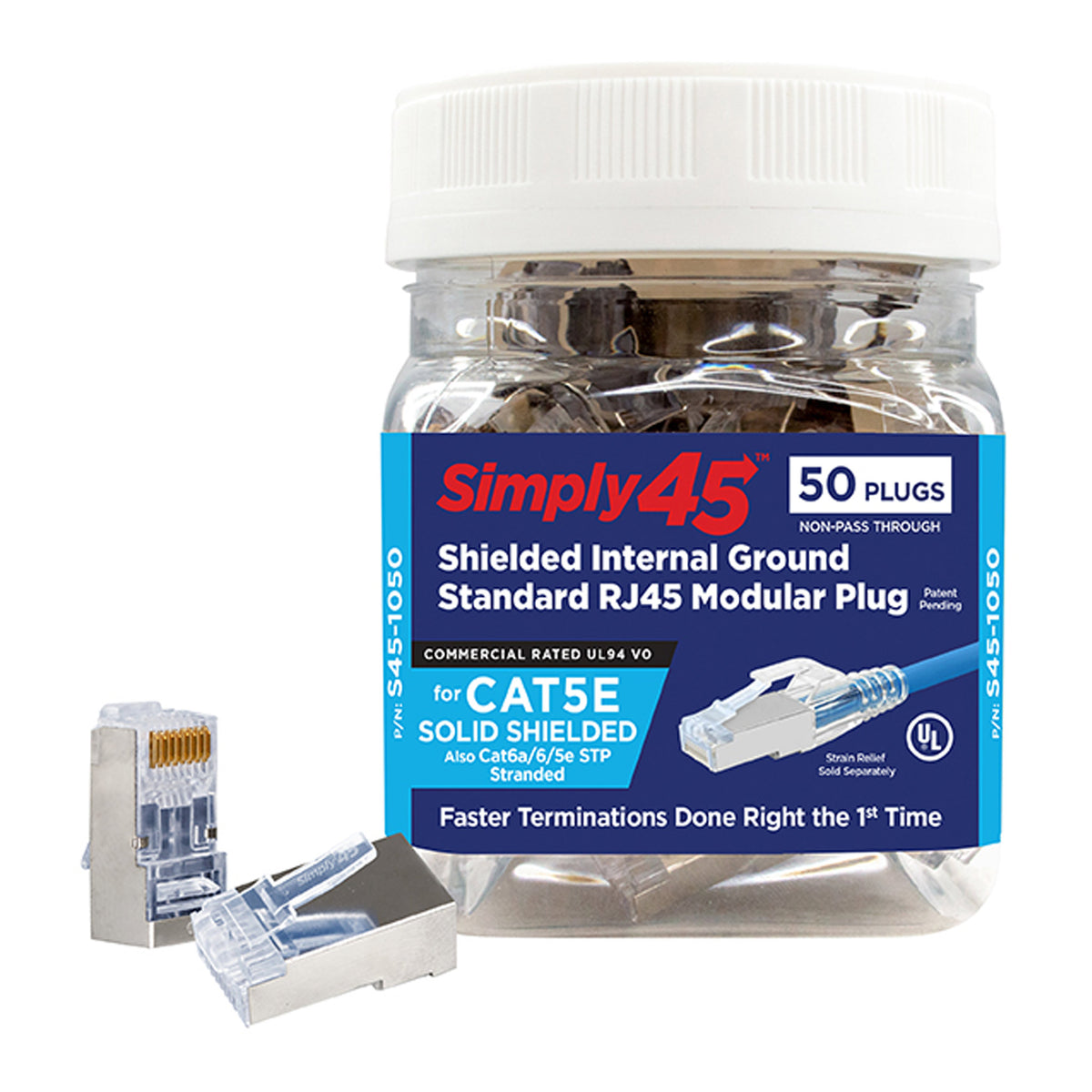 Simply45 S45-1050 CAT5e Shielded Standard WE/SS 8P8C RJ45 Modular Plug - 50-Piece Jar