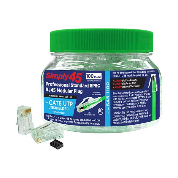 Simply45 S45-1100 Cat6 Unshielded Standard WE/SS RJ45 with Bar45 - 100-Piece Plastic Jar