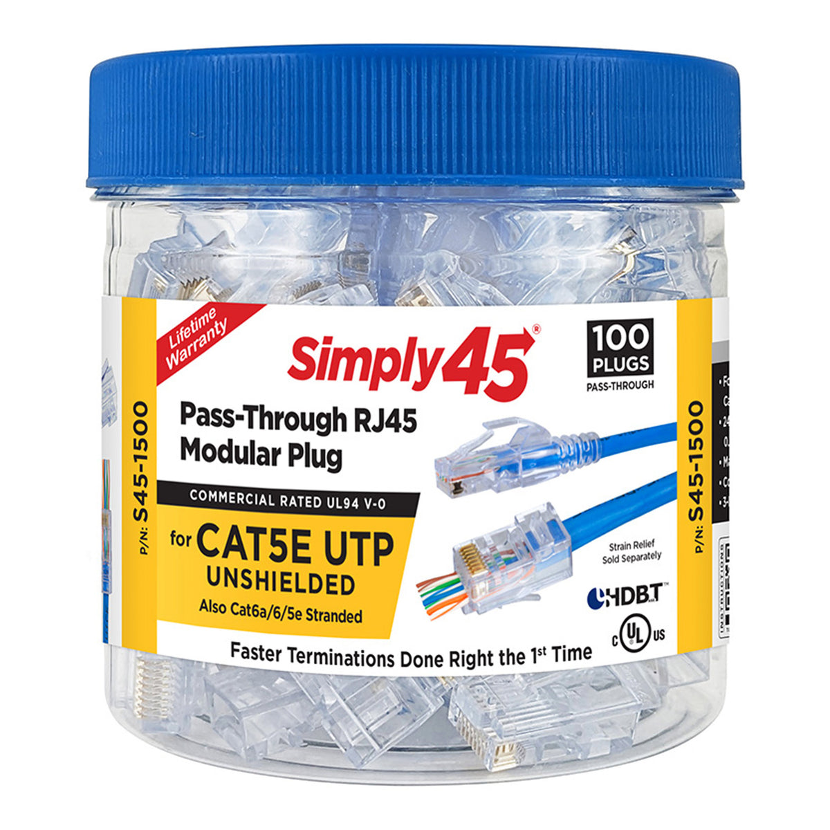 Simply45 S45-1500 CAT5e UTP Unshielded Pass-Through Blue Tint RJ45 Modular Plug 100-Piece Jar