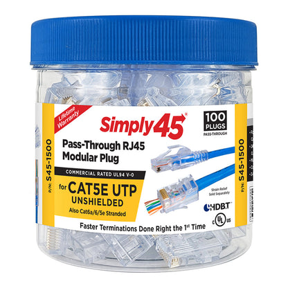 Simply45 S45-1500 CAT5e UTP Unshielded Pass-Through Blue Tint RJ45 Modular Plug 100-Piece Jar