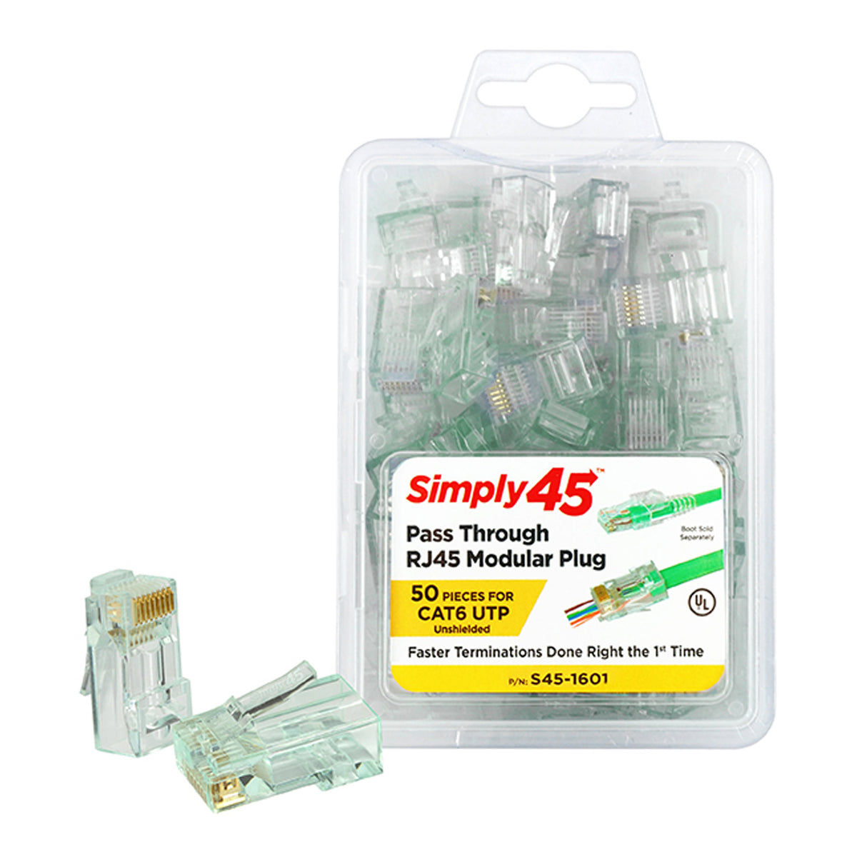 Simply45 S45-1601 CAT6 UTP Unshielded Pass-Through Green Tint RJ45 Modular Plug 50-Piece