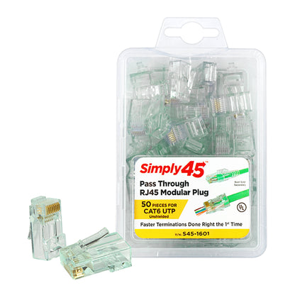 Simply45 S45-1601 CAT6 UTP Unshielded Pass-Through Green Tint RJ45 Modular Plug 50-Piece
