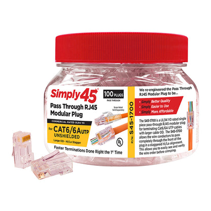 Simply45 S45-1700 CAT6/6a UTP Unshielded Pass-Through Hi/Lo Stagger Red Tint RJ45 Modular Plug 100-Piece Jar