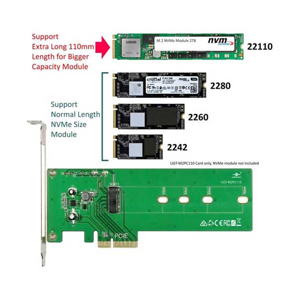 Vantec UGT-M2PC110 M.2 NVMe PCIe X4 Adapter For Extra Long 110 Module