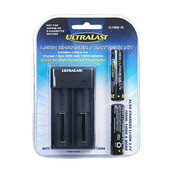 UltraLast UL1865K-26 18650 Lithium Ion Battery Charger and 2-Pack 3.7 Volt 2600mAh 18650 Rechargeable Batteries Combo Kit