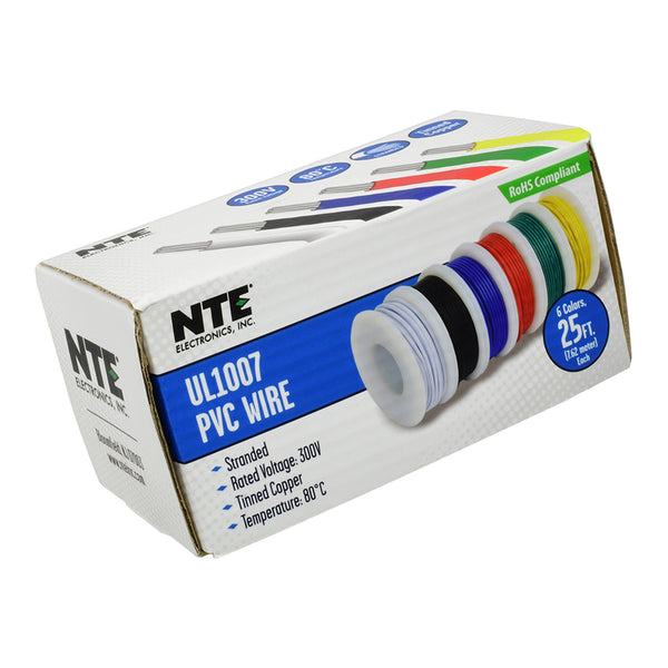 NTE Electronics NTE WAK-PVC18 6-Color 18AWGWire Assortment Kit, Stranded, Tinned Copper, 25FT Rolls Default Title
